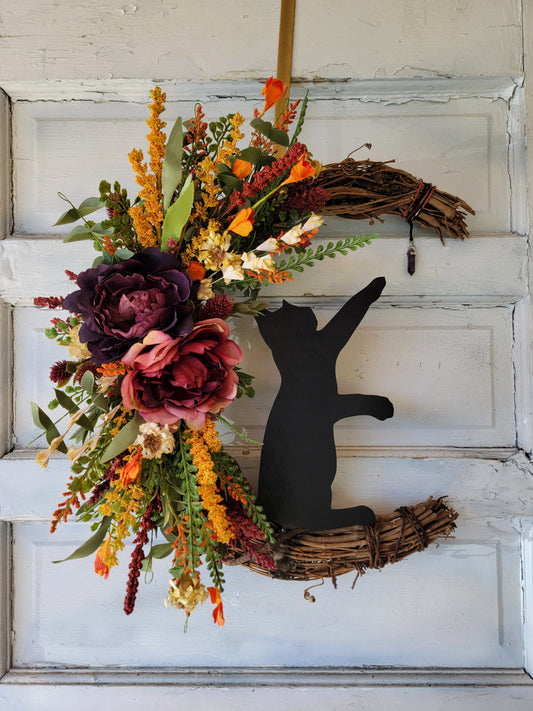 Fall Crystal Cat Crescent Moon Wreath