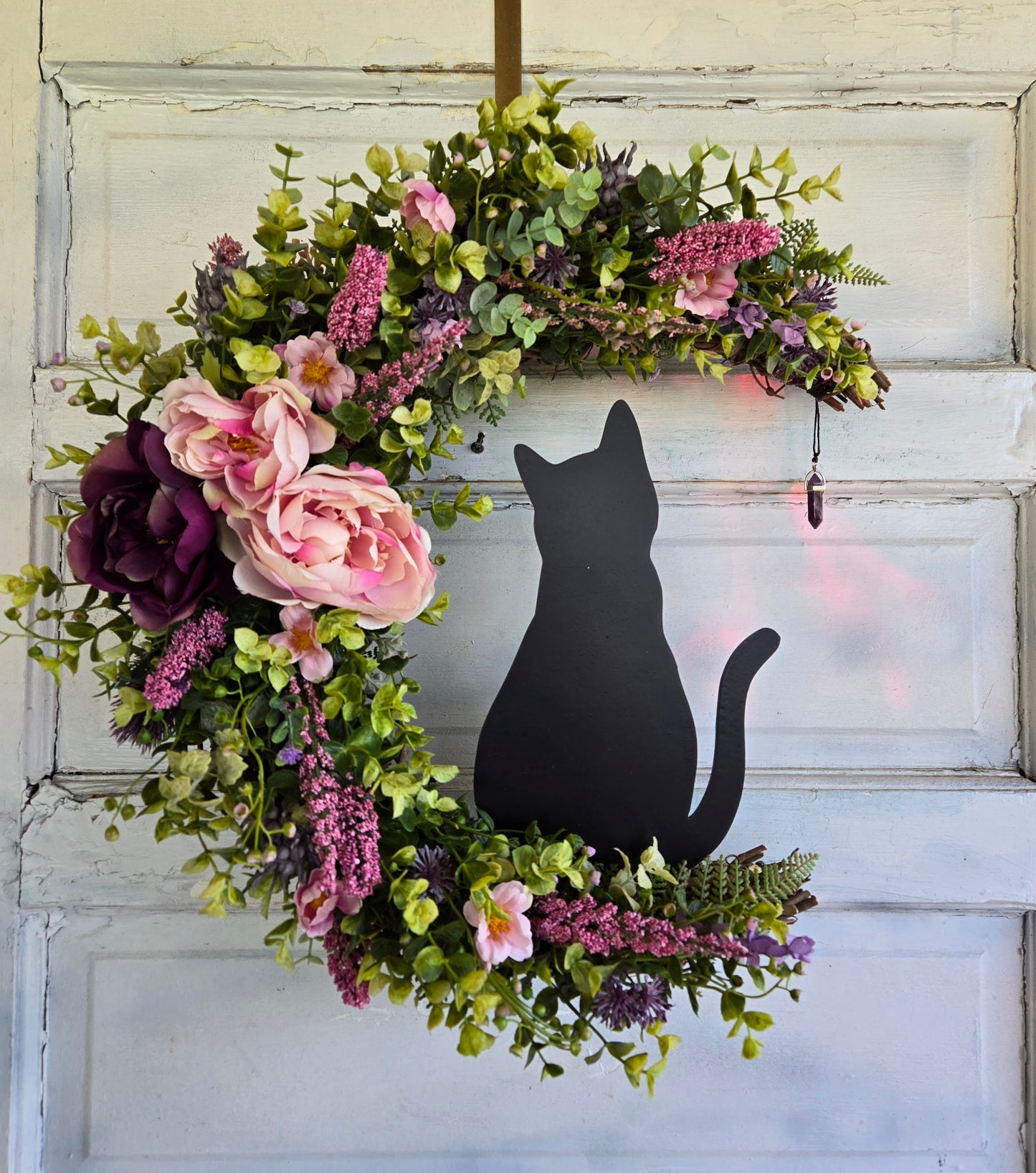 Pink Black Cat Amethyst Crescent Moon Wreath