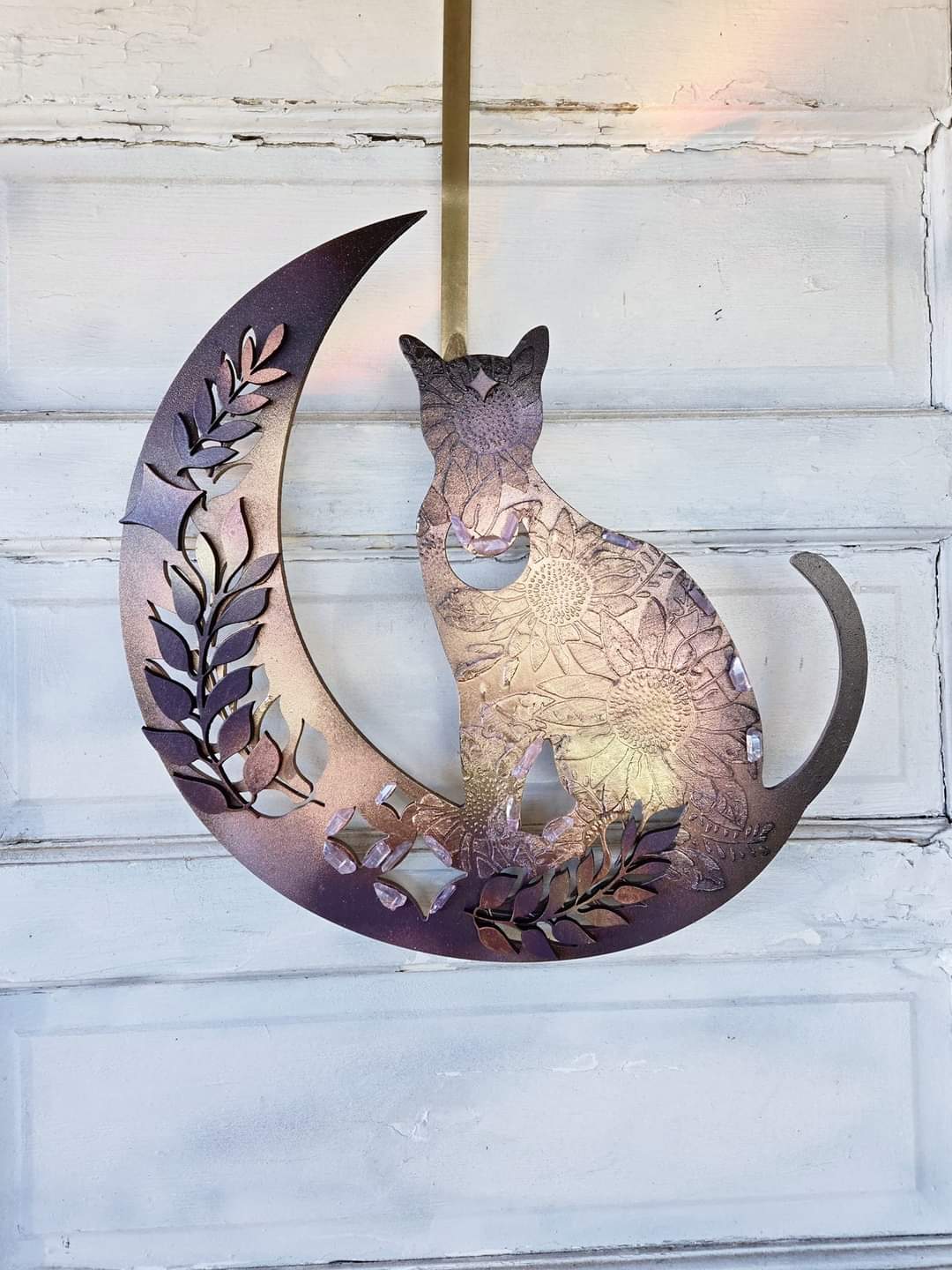 Amethyst Crystal Cat Crescent Moon Wall Art