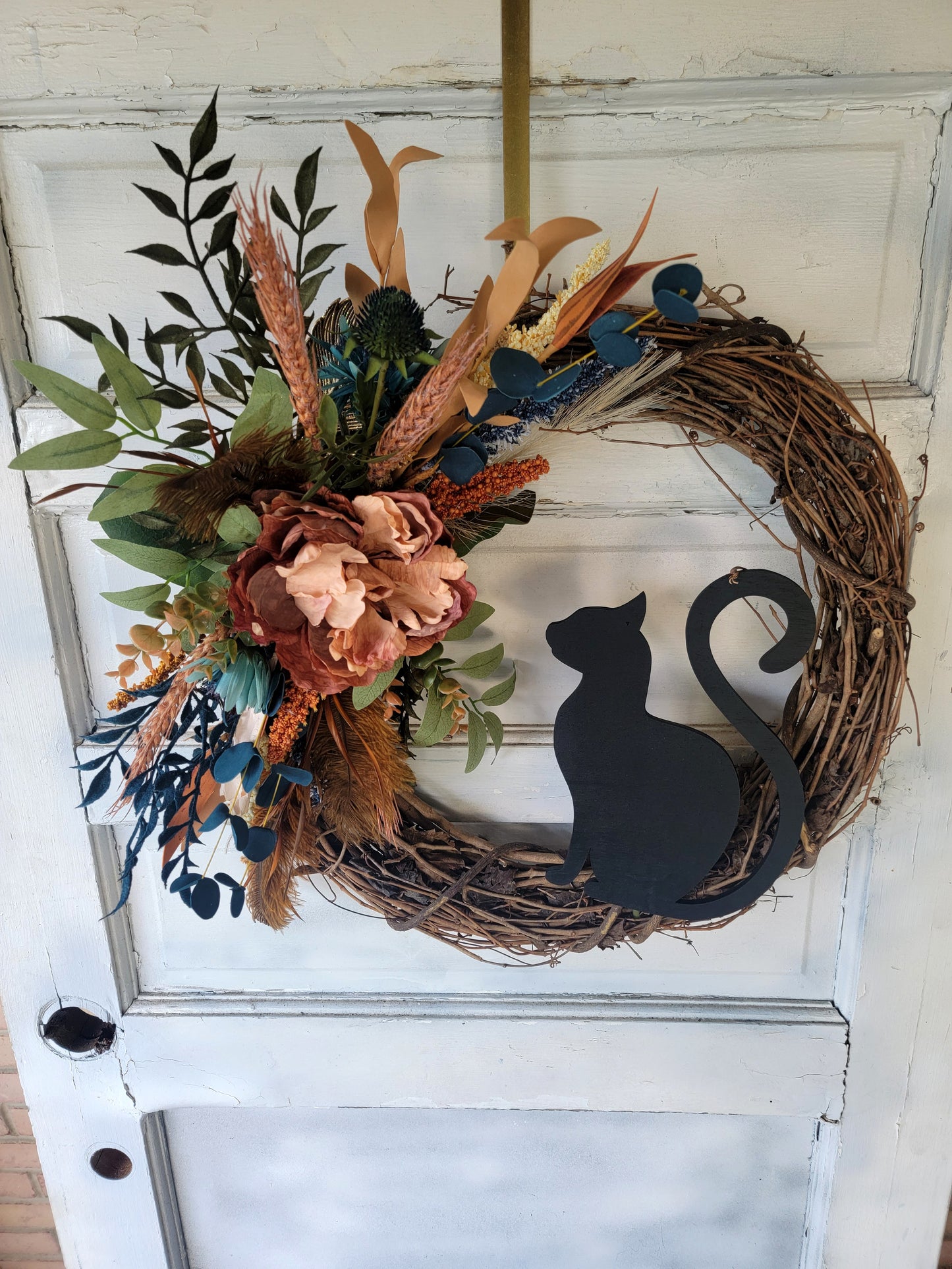 Navy Fall Feather Grapevine Cat Wreath