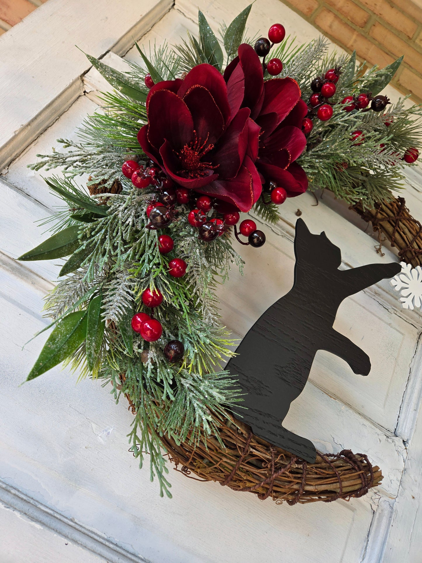 Red Poinsettia Christmas Crescent Moon Cat Wreath