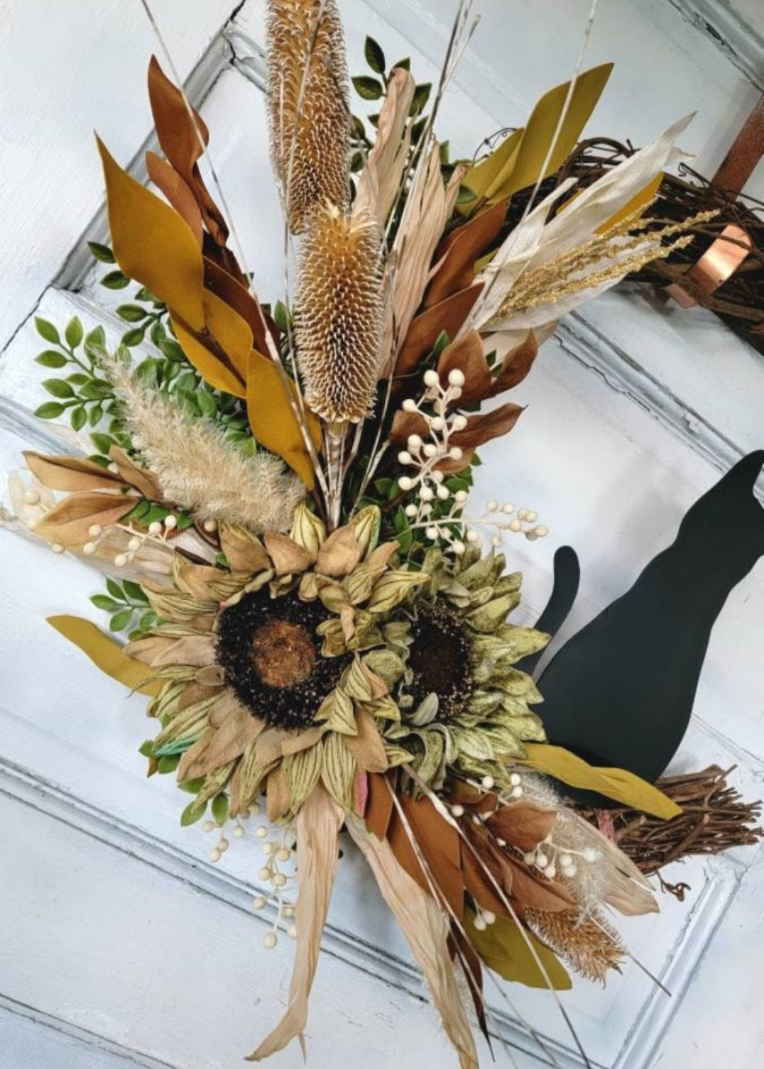 Fall Cat Moon Thistles & Sunflower Wreath