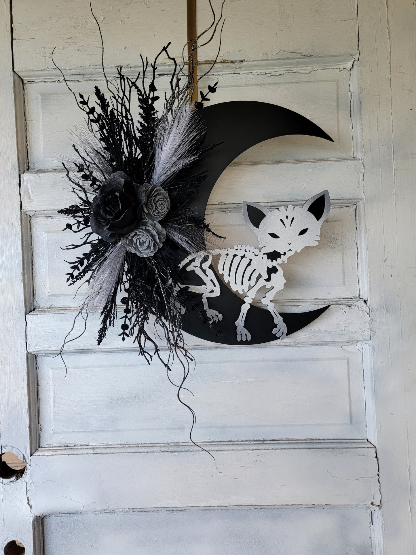 Skeleton Cat Halloween Crescent Moon Wreath