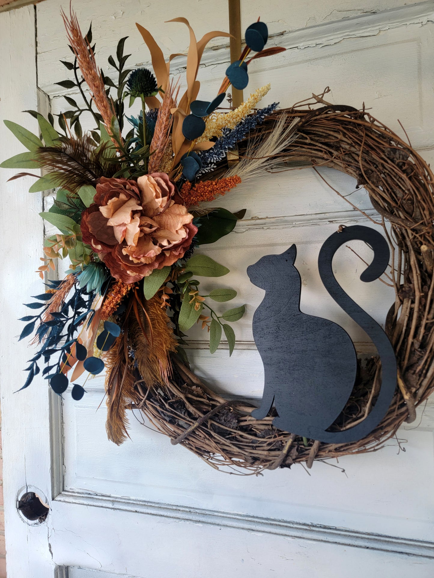 Navy Fall Feather Grapevine Cat Wreath