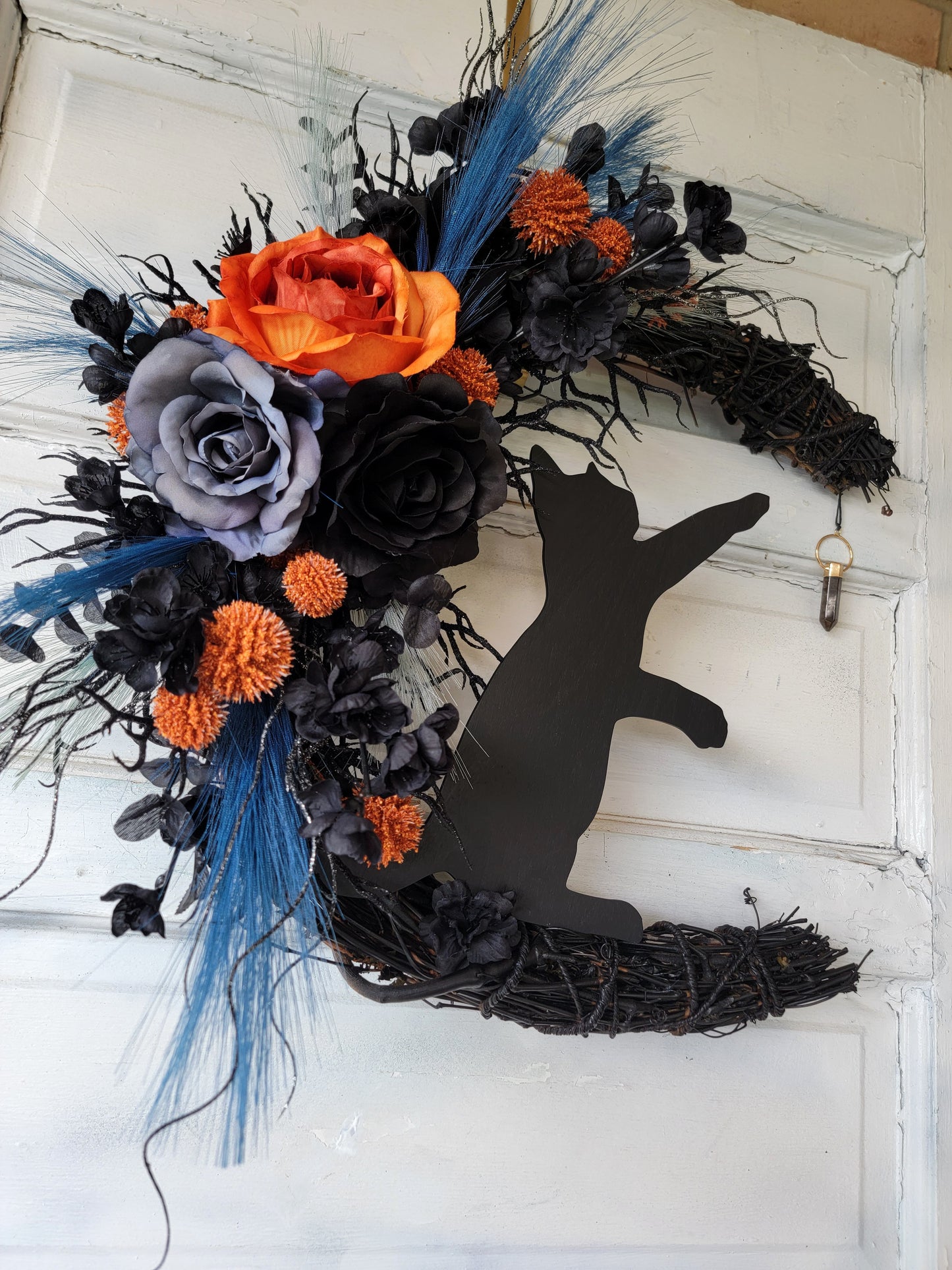 Blue, Purple & Black Halloween Cat Crescent Moon Wreath