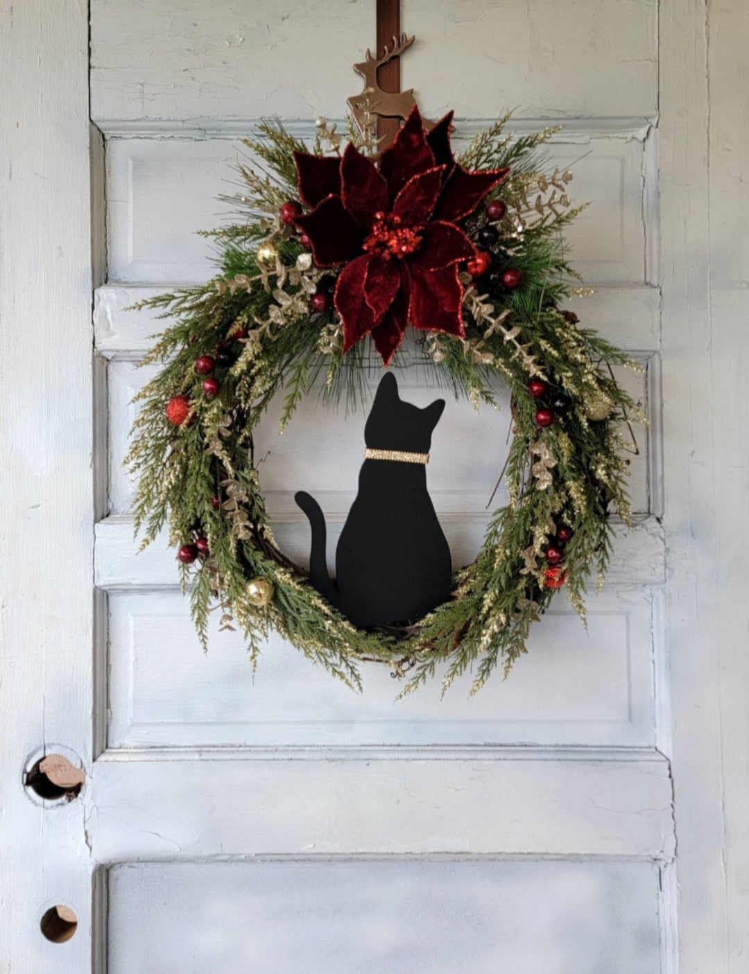 Poinsettia Black Cat Christmas Wreath