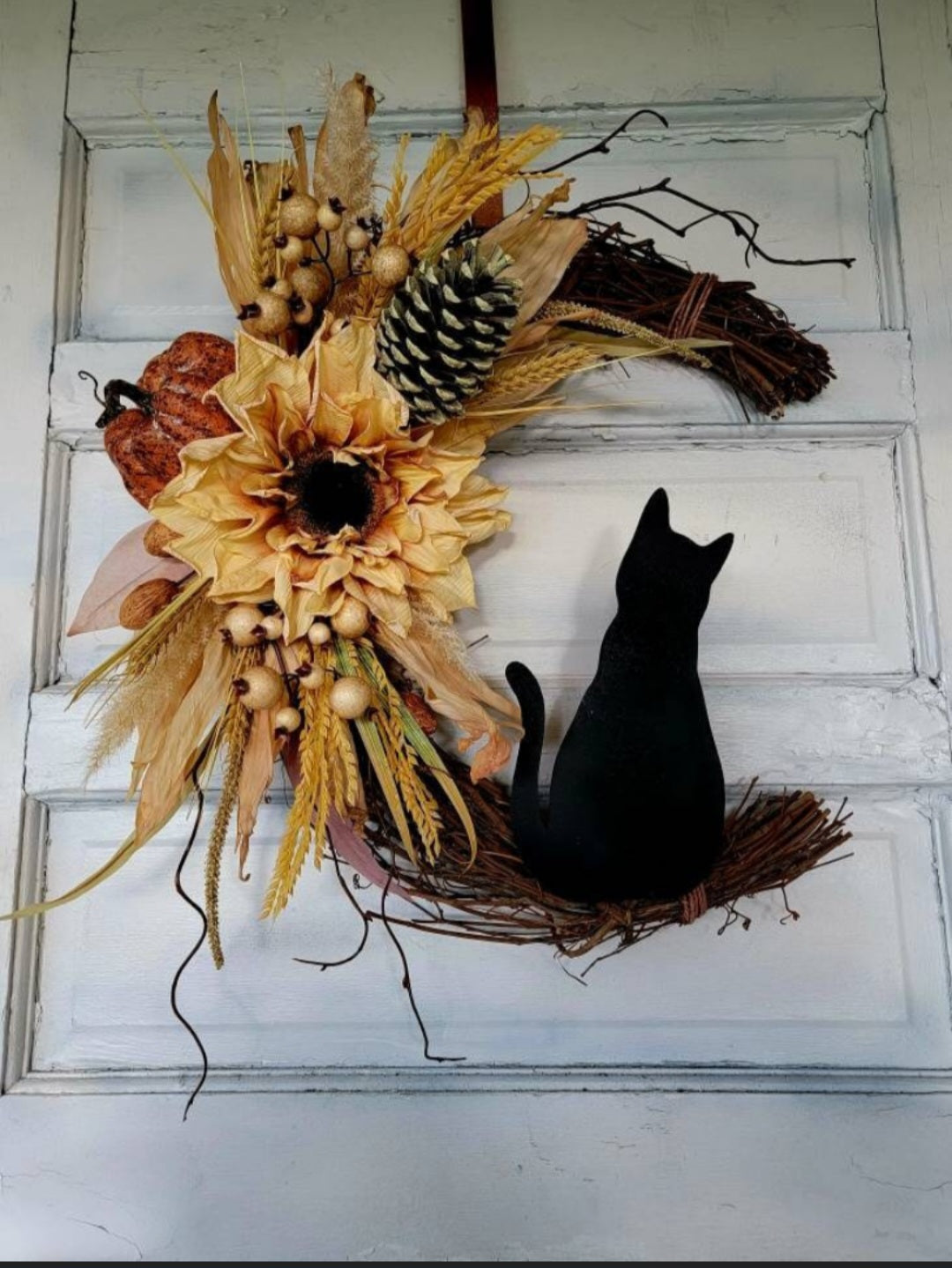 Fall Cat Moon Pumpkin & Sunflower Wreath