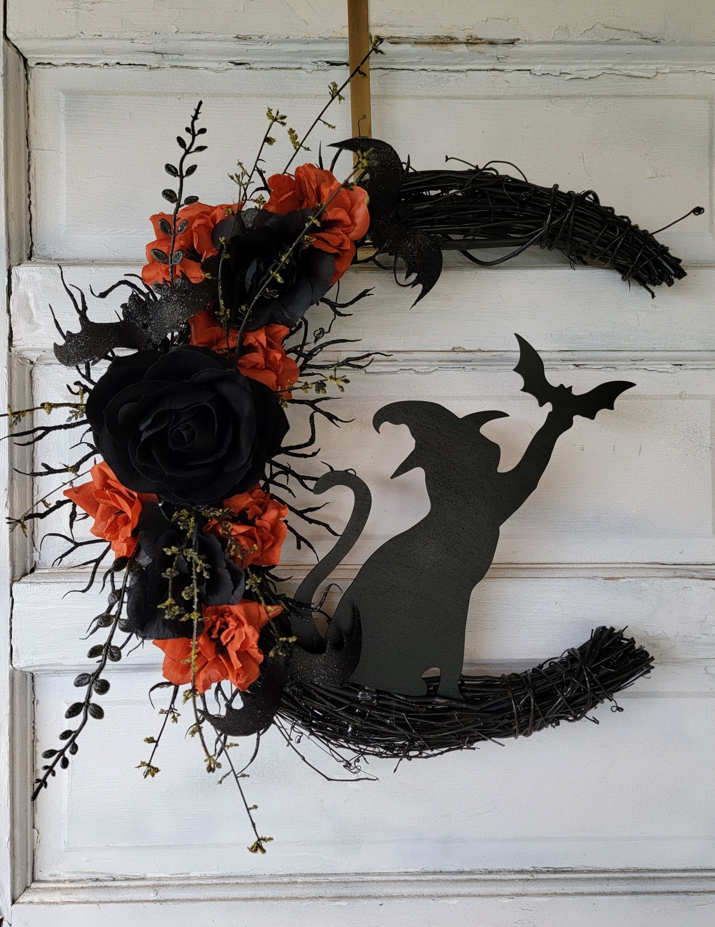 Witch Hat Bat Cat Halloween Crescent Moon Cat Wreath