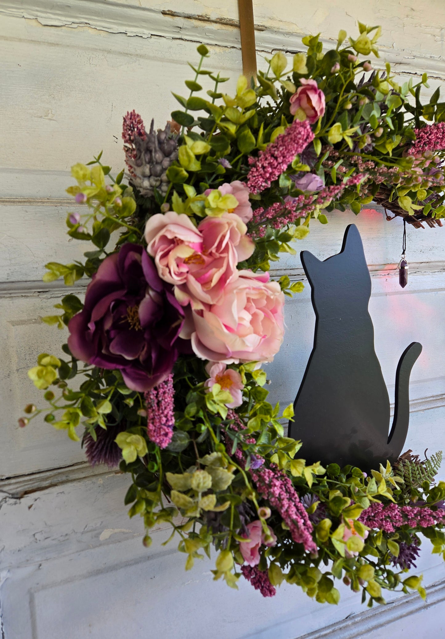 Pink Black Cat Amethyst Crescent Moon Wreath