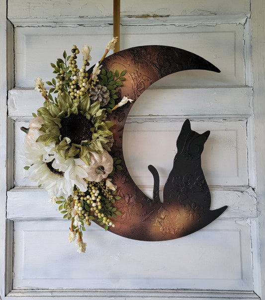 Fall Cat Crescent Moon Sunflower Wreath