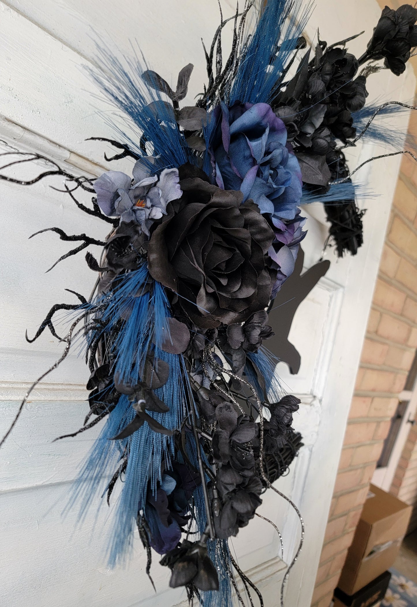 Witchy Hag Blue Black Cat Crescent Moon Wreath