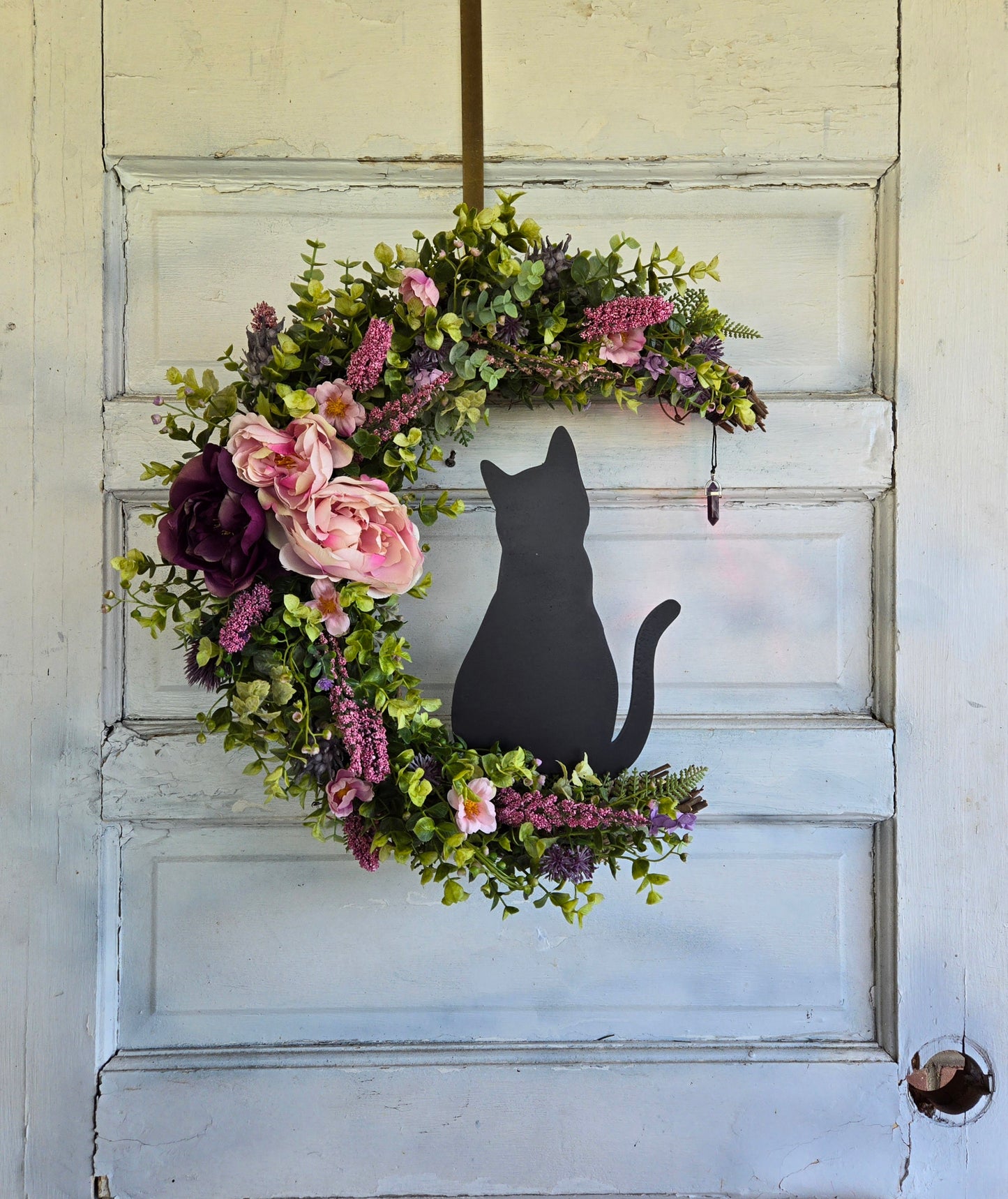 Pink Black Cat Amethyst Crescent Moon Wreath