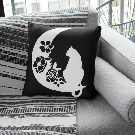 Witchy Black Cat Crescent Moon Pillow Cover
