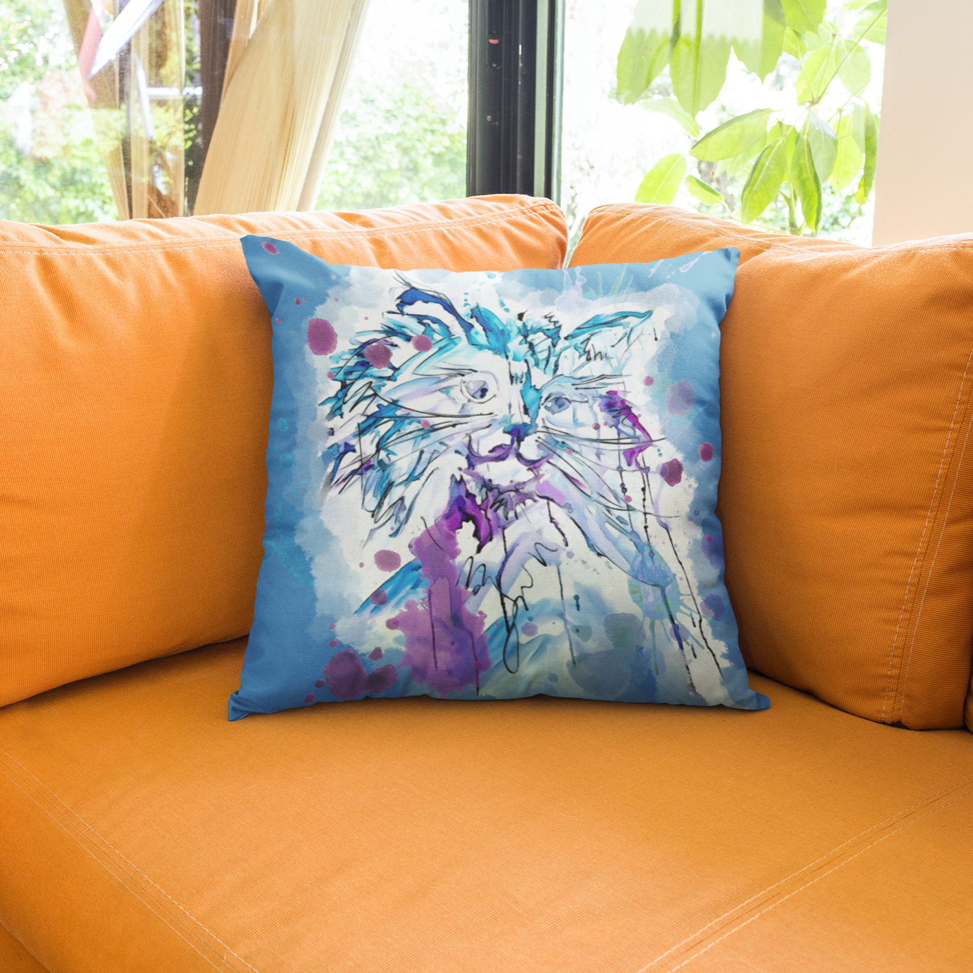 Watercolor Cat Light Blue Pillow Cover