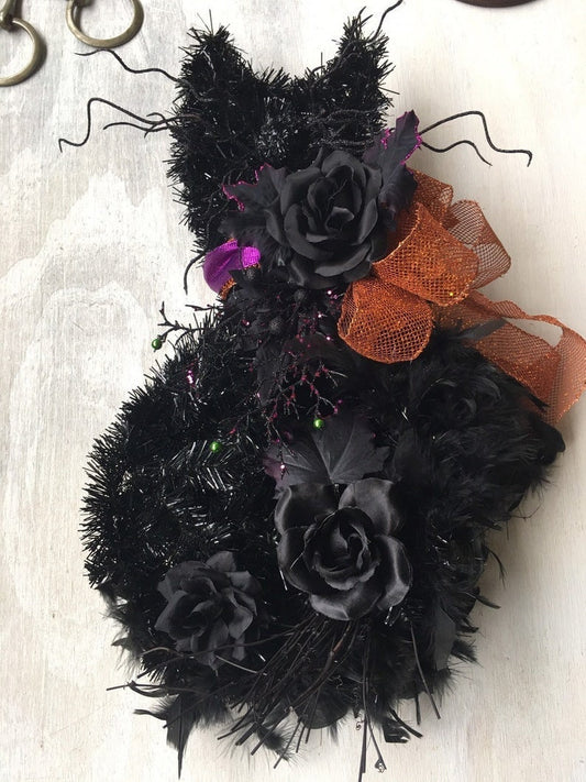 Whimsical Black Cat Halloween Wreath