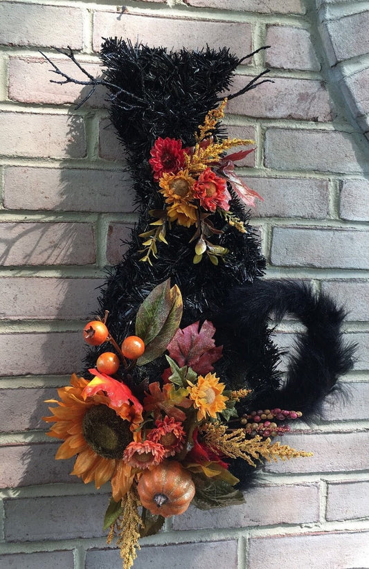 Halloween Black Siamese Cat Wreath