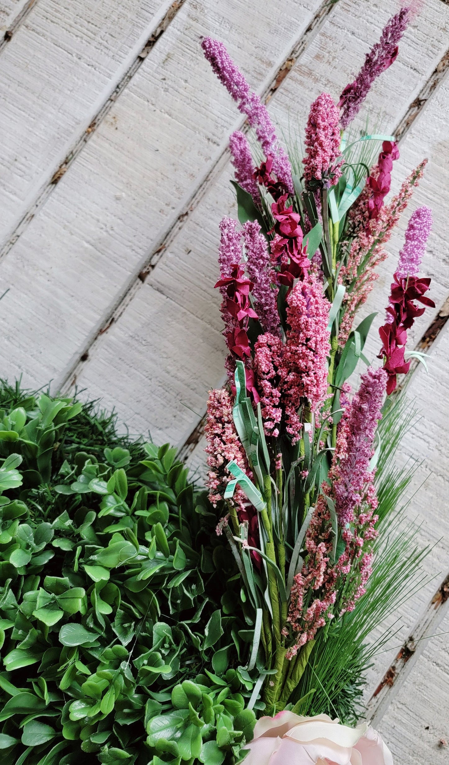 Cat Wreath Pink & Purple Flowers Boxwood w/ Whiskers • Kitty Home Entryway Door Decor • Cat Lovers Gift • Custom Colors • Pink Flower Tail