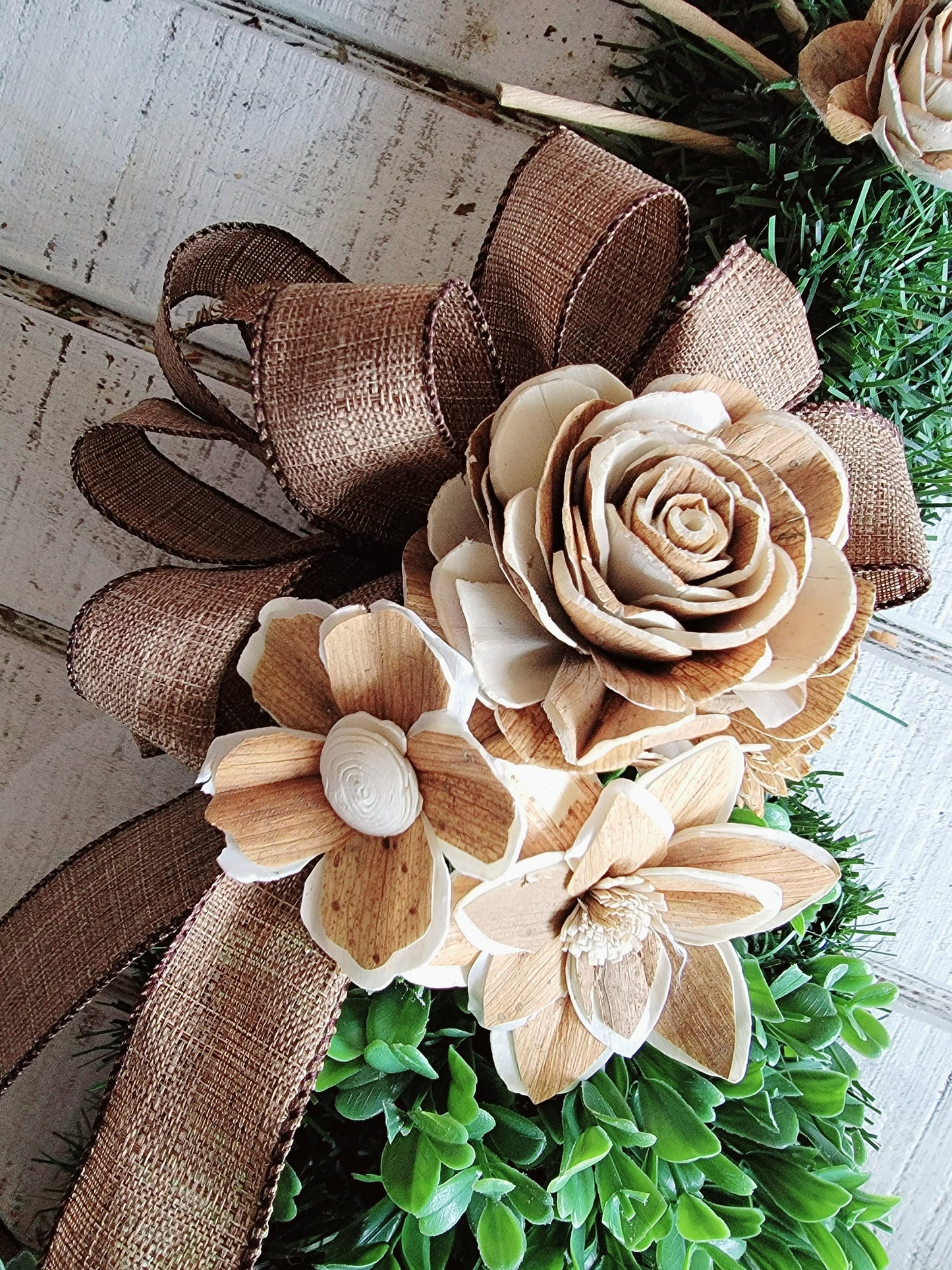 Beige Year Round Sola Wood Flowers Boxwood Cat Wreath