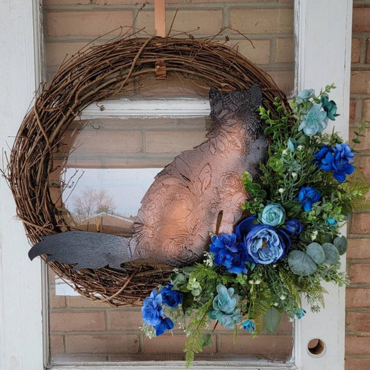 Extra Large Blue Patterned Cat Grapevine Wreath
