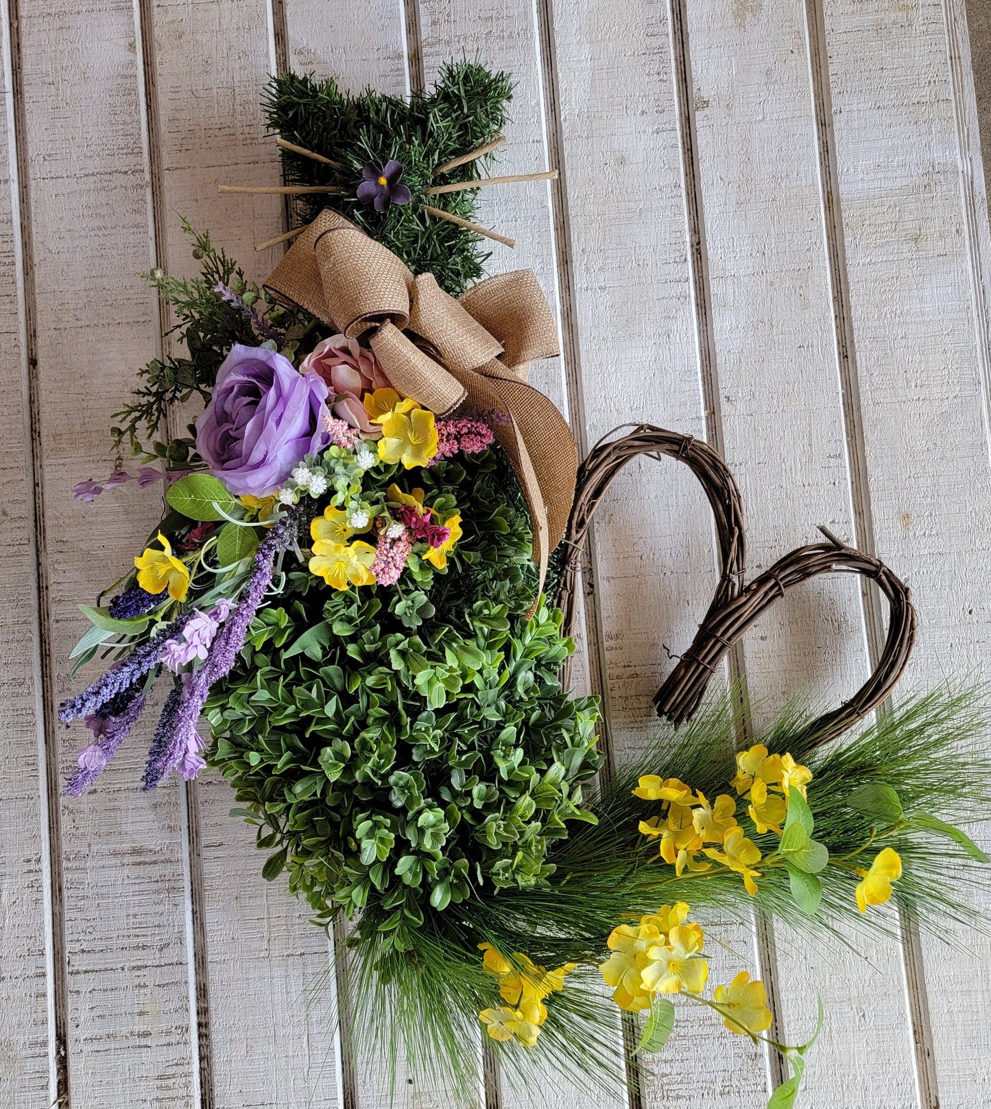 Spring Yellow & Purple Flowers Boxwood Cat Wreath w/ Grapevine Heart Tail