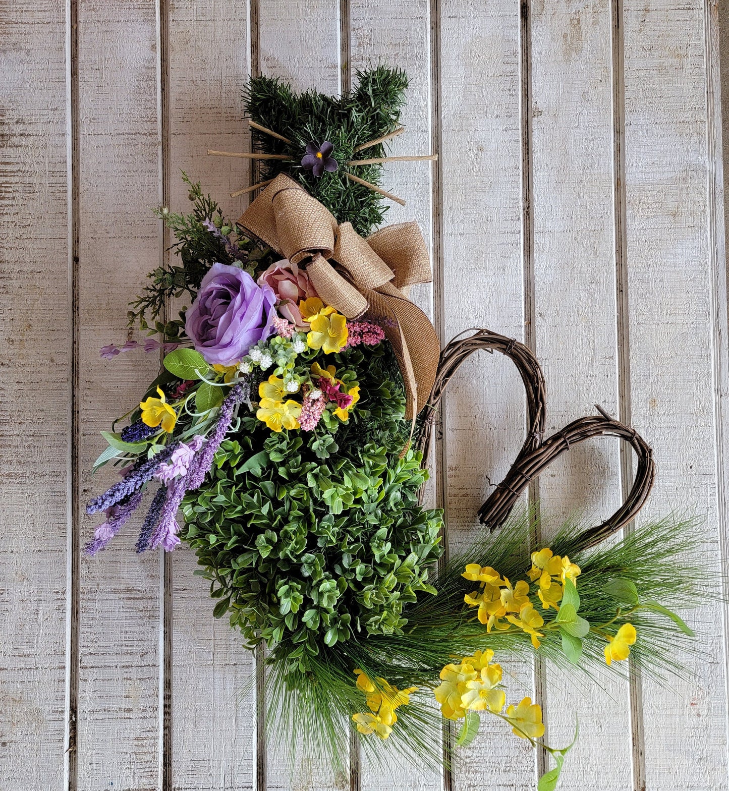 Spring Yellow & Purple Flowers Boxwood Cat Wreath w/ Grapevine Heart Tail