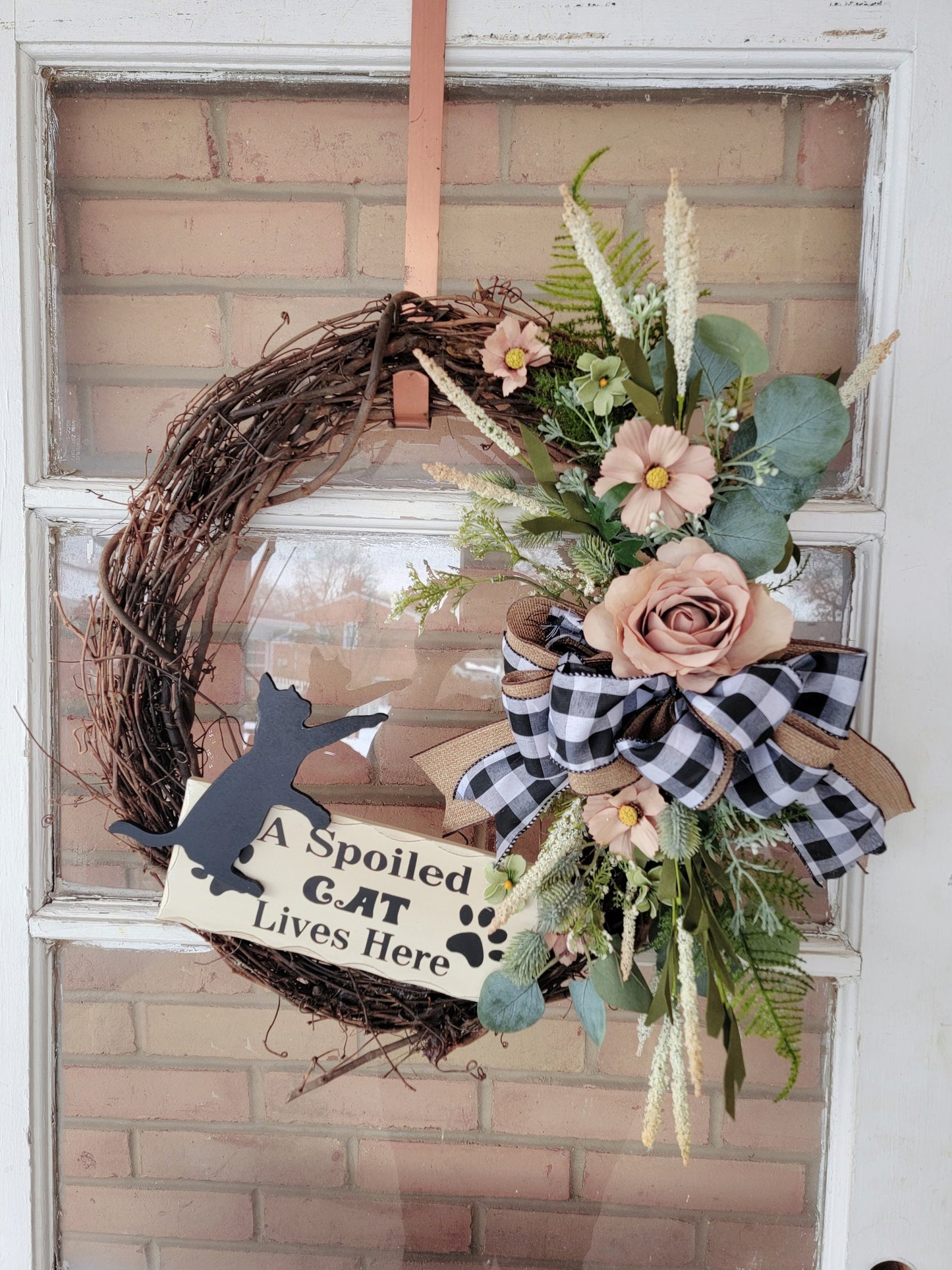 Rustic Plaid Buffalo Check Grapevine Cat Wreath