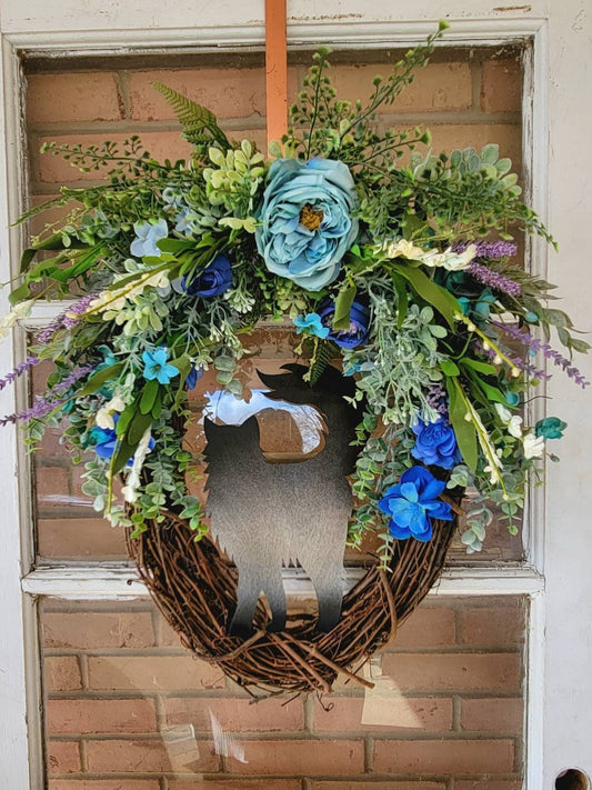 Extra Large Blue & Lavender Flowers Long Haired Cat Oval Grapevine Wreath