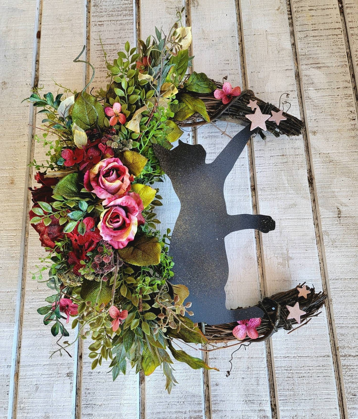 Burgundy Flowers Fall Crescent Moon Cat Wreath