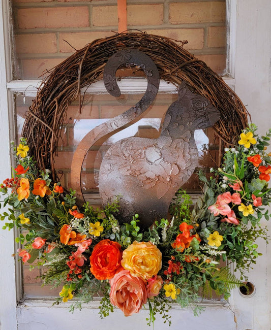 Extra Large Orange, Yellow & Red Cat Queen Grapevine Wreath