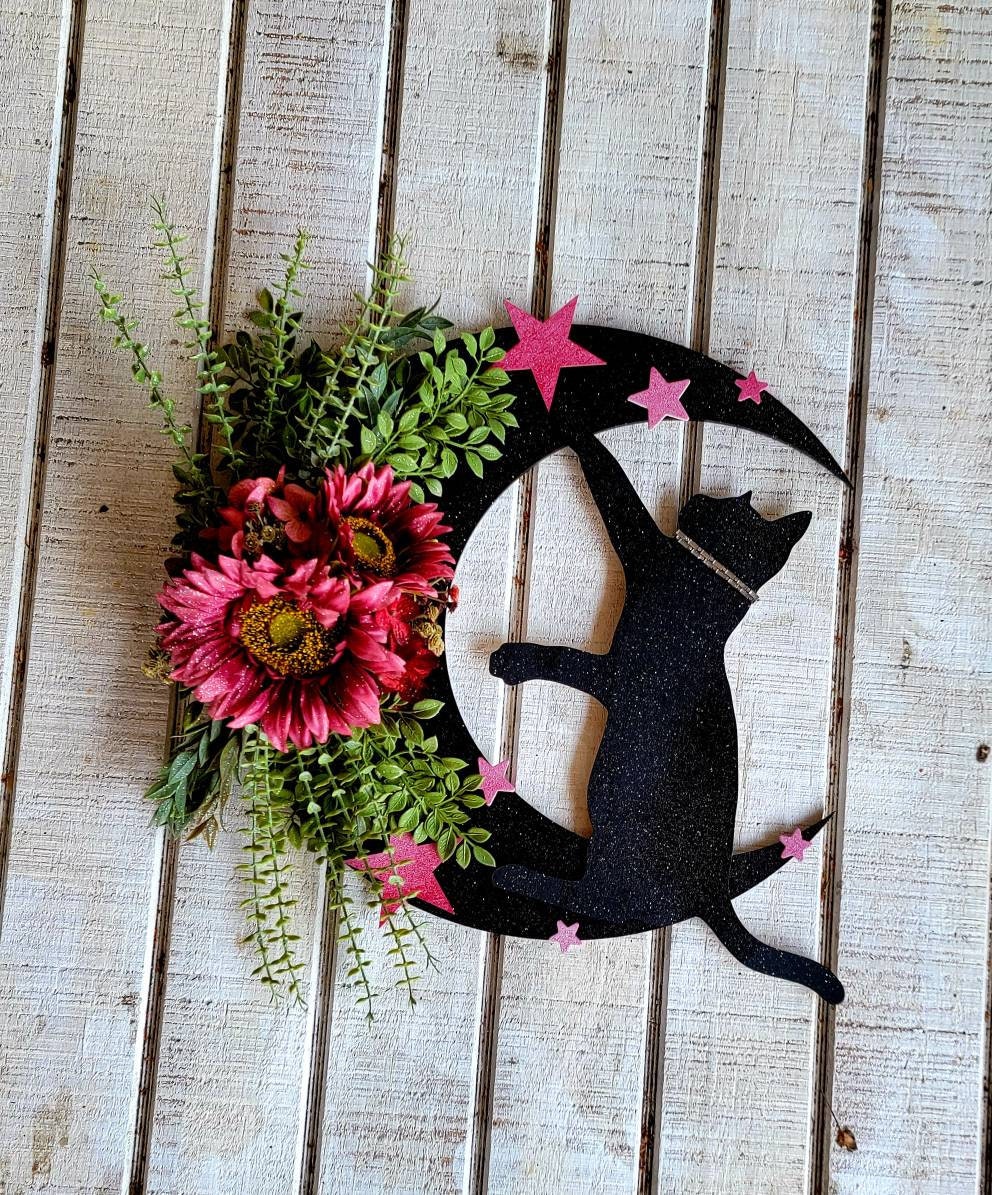 Fuchsia Sunflowers Black Cat Moon Wreath