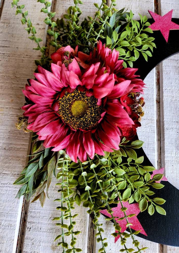 Fuchsia Sunflowers Black Cat Moon Wreath