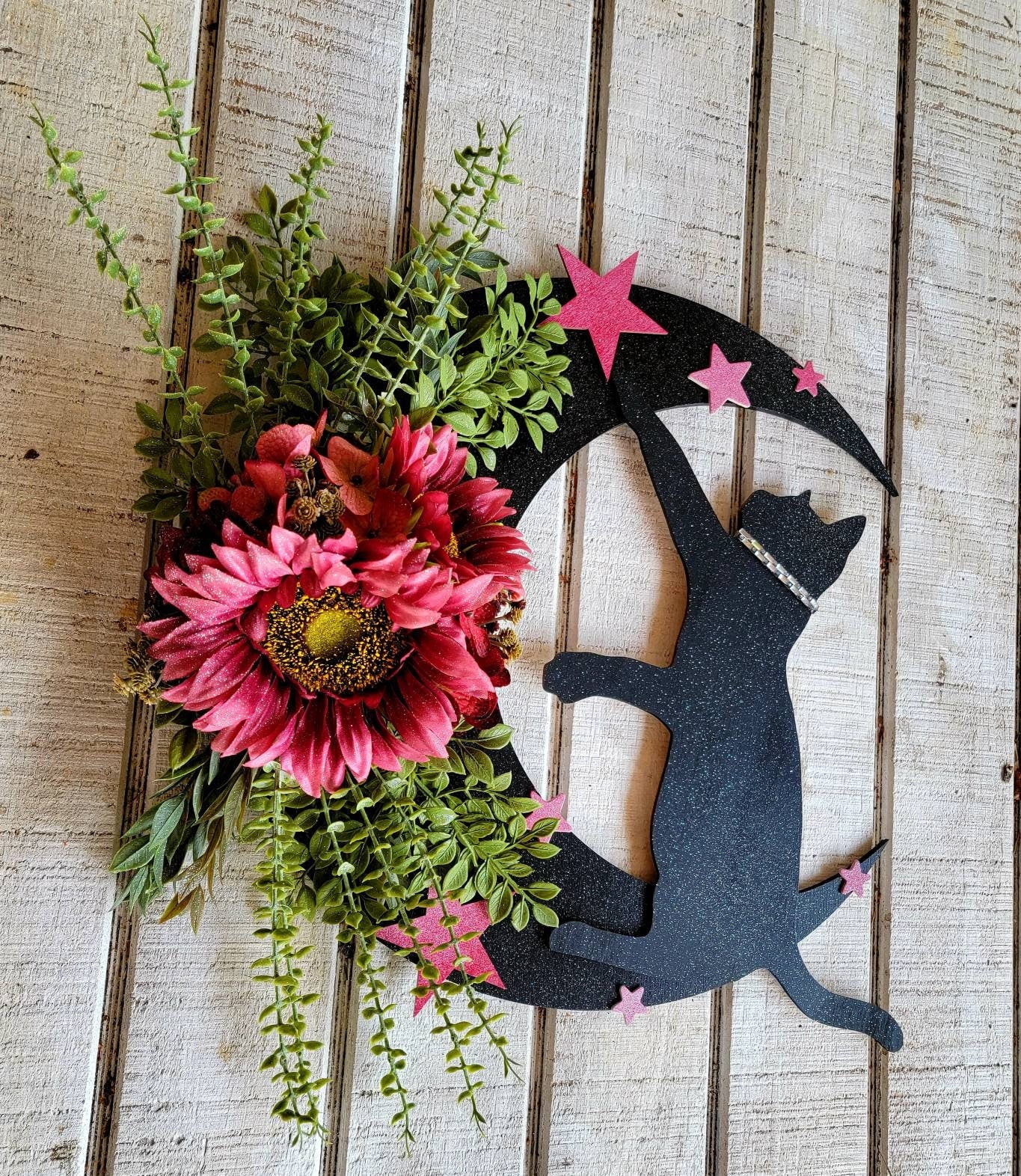 Fuchsia Sunflowers Black Cat Moon Wreath