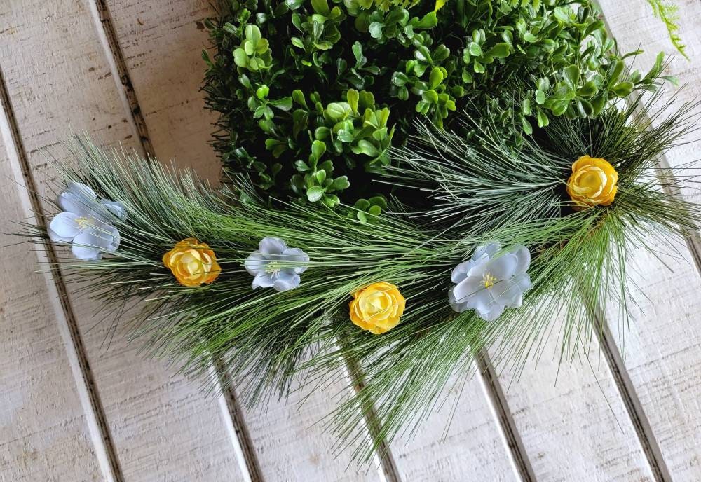 Yellow & Blue Flowers Spring Boxwood Cat Wreath