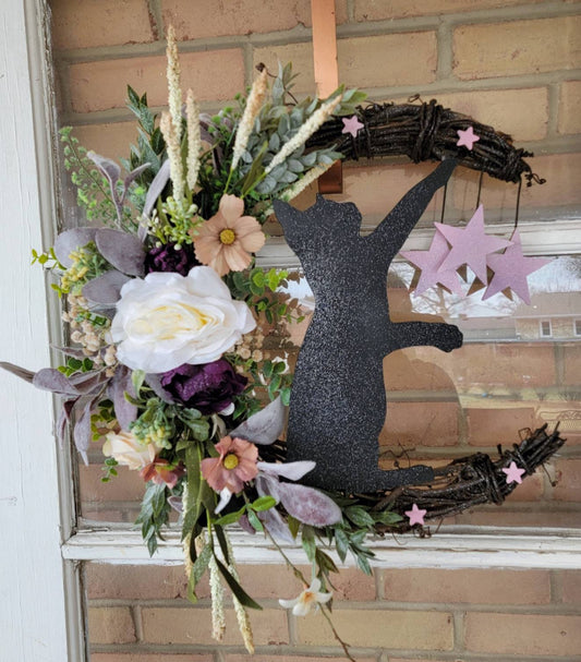 Cream & Purple Black Cat Crescent Moon Grapevine Wreath