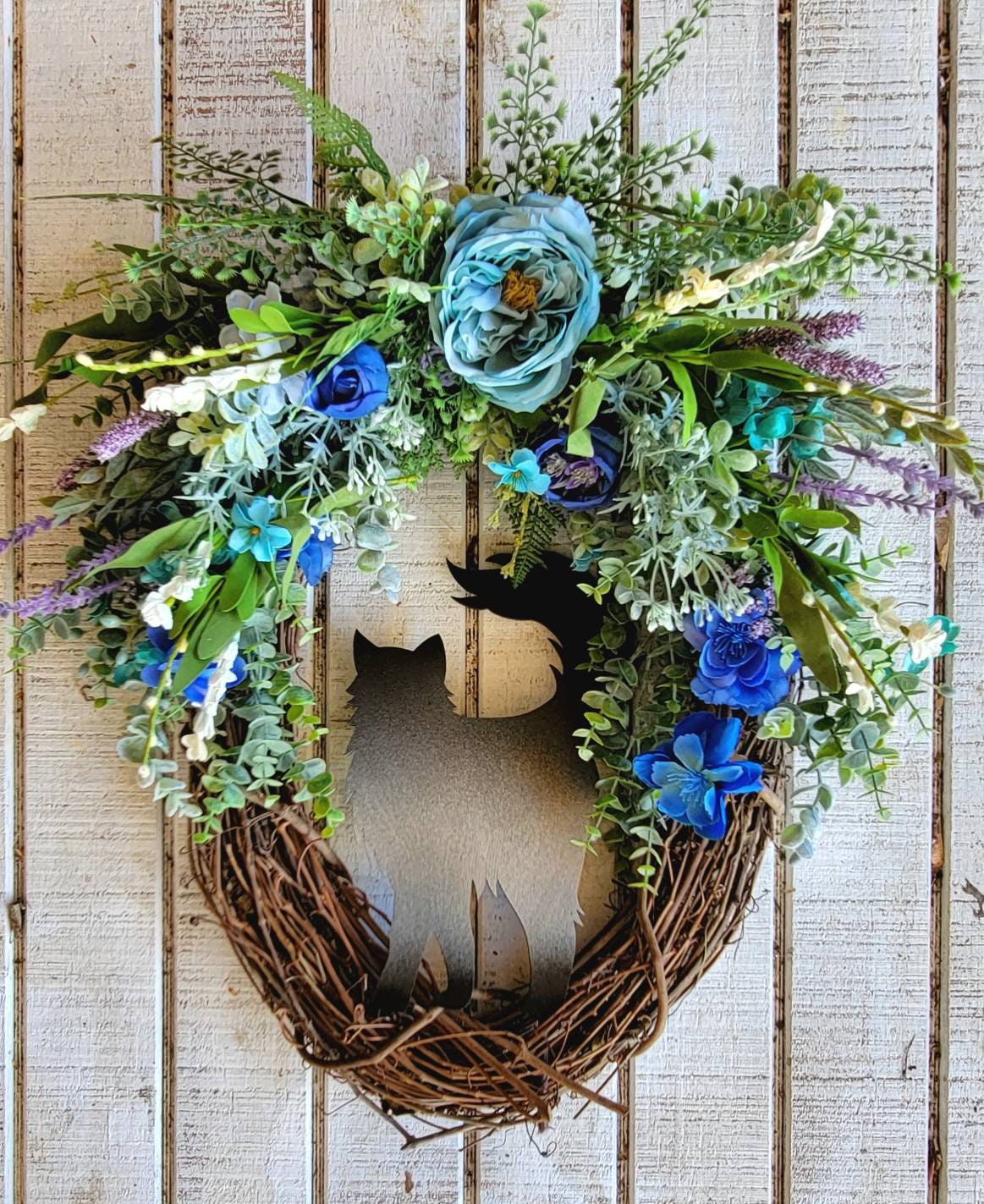 Extra Large Blue & Lavender Flowers Long Haired Cat Oval Grapevine Wreath