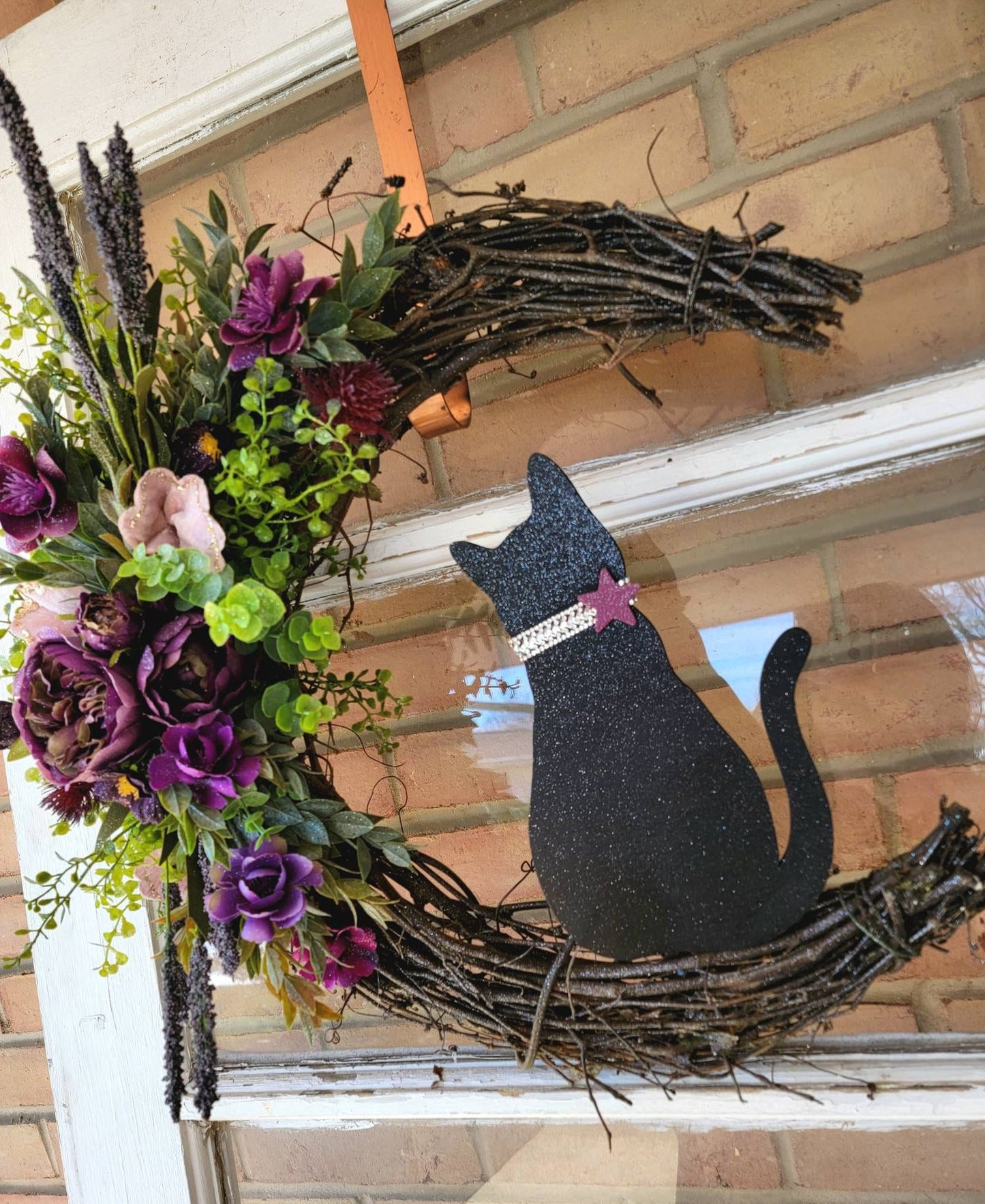 Purple & Pink Grapevine Crescent Moon Cat Wreath