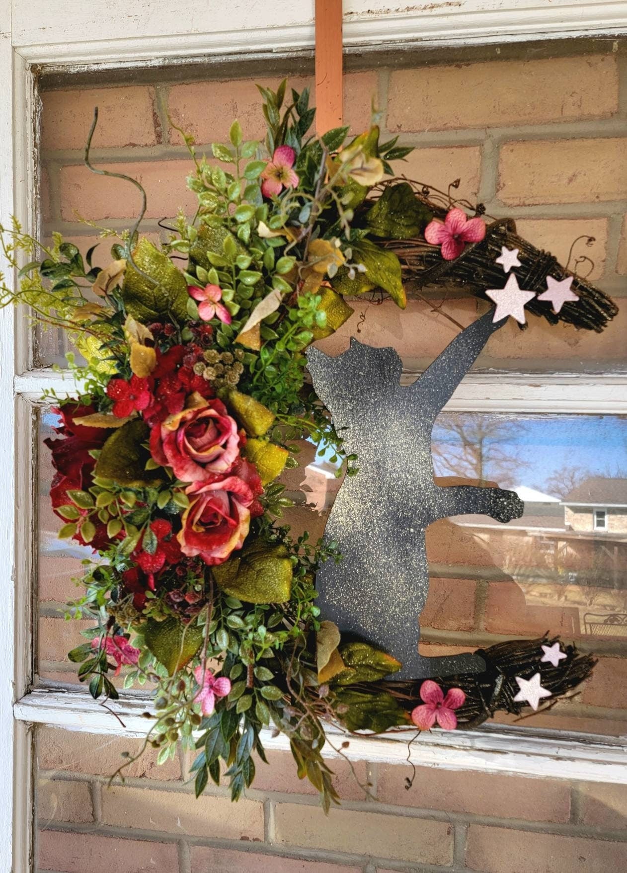 Burgundy Flowers Fall Crescent Moon Cat Wreath