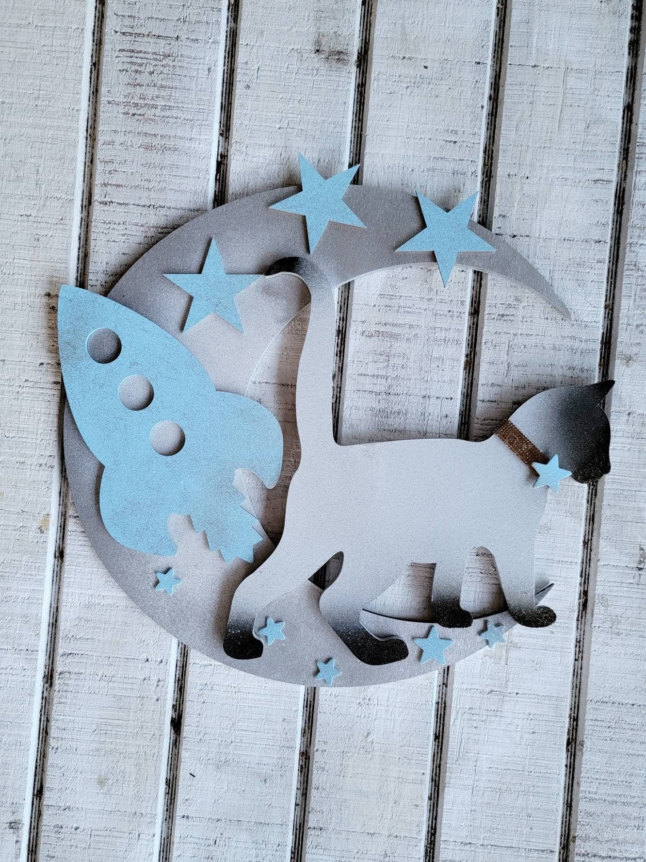 Blue Boys Nursery Moon Cat Wall Art