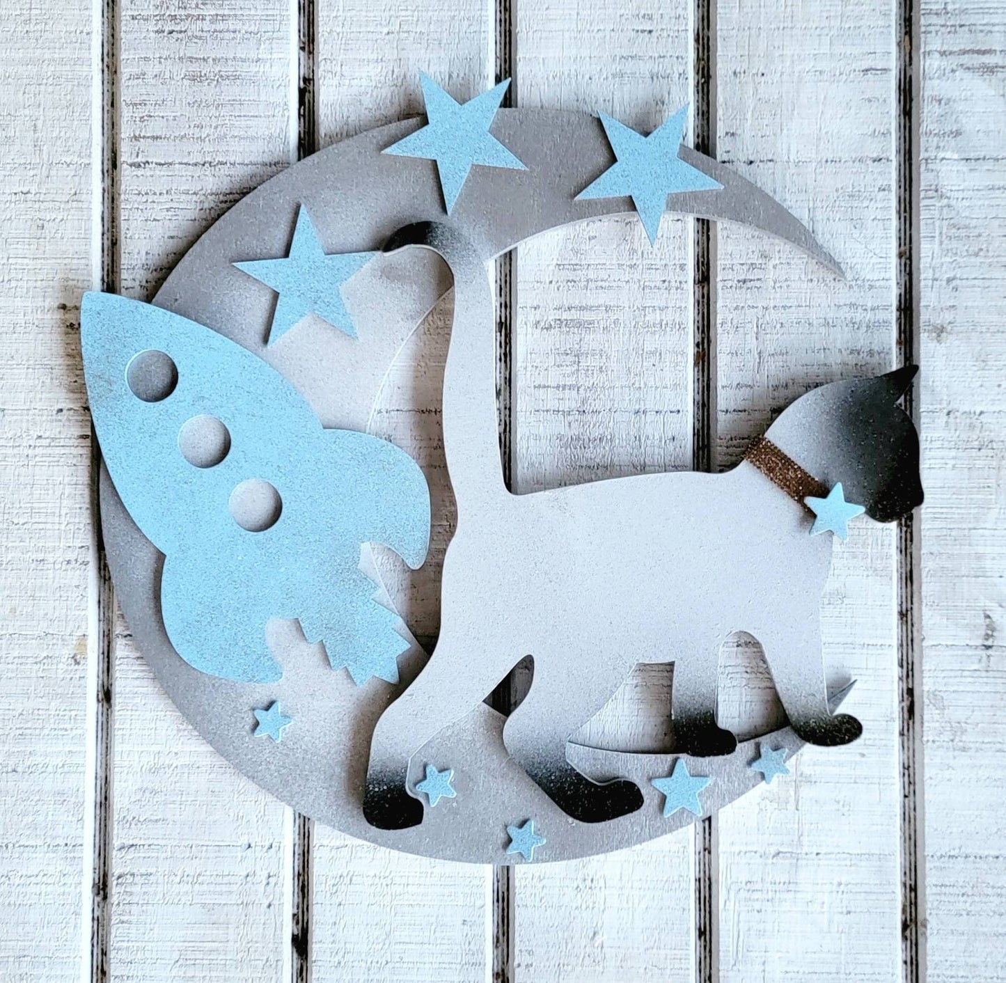 Blue Boys Nursery Moon Cat Wall Art