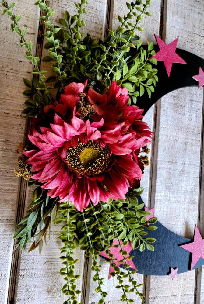 Fuchsia Sunflowers Black Cat Moon Wreath