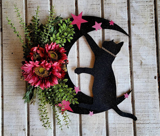 Fuchsia Sunflowers Black Cat Moon Wreath