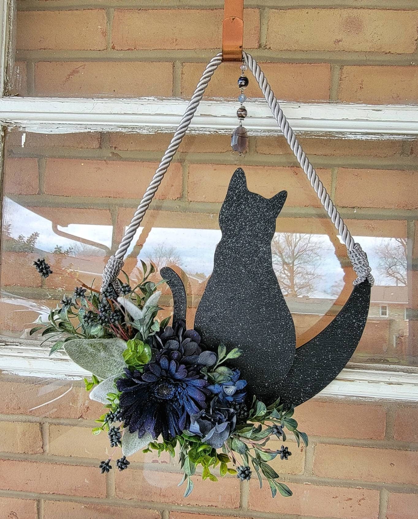 Blue Cat Crystal Waning Crescent Moon Wreath