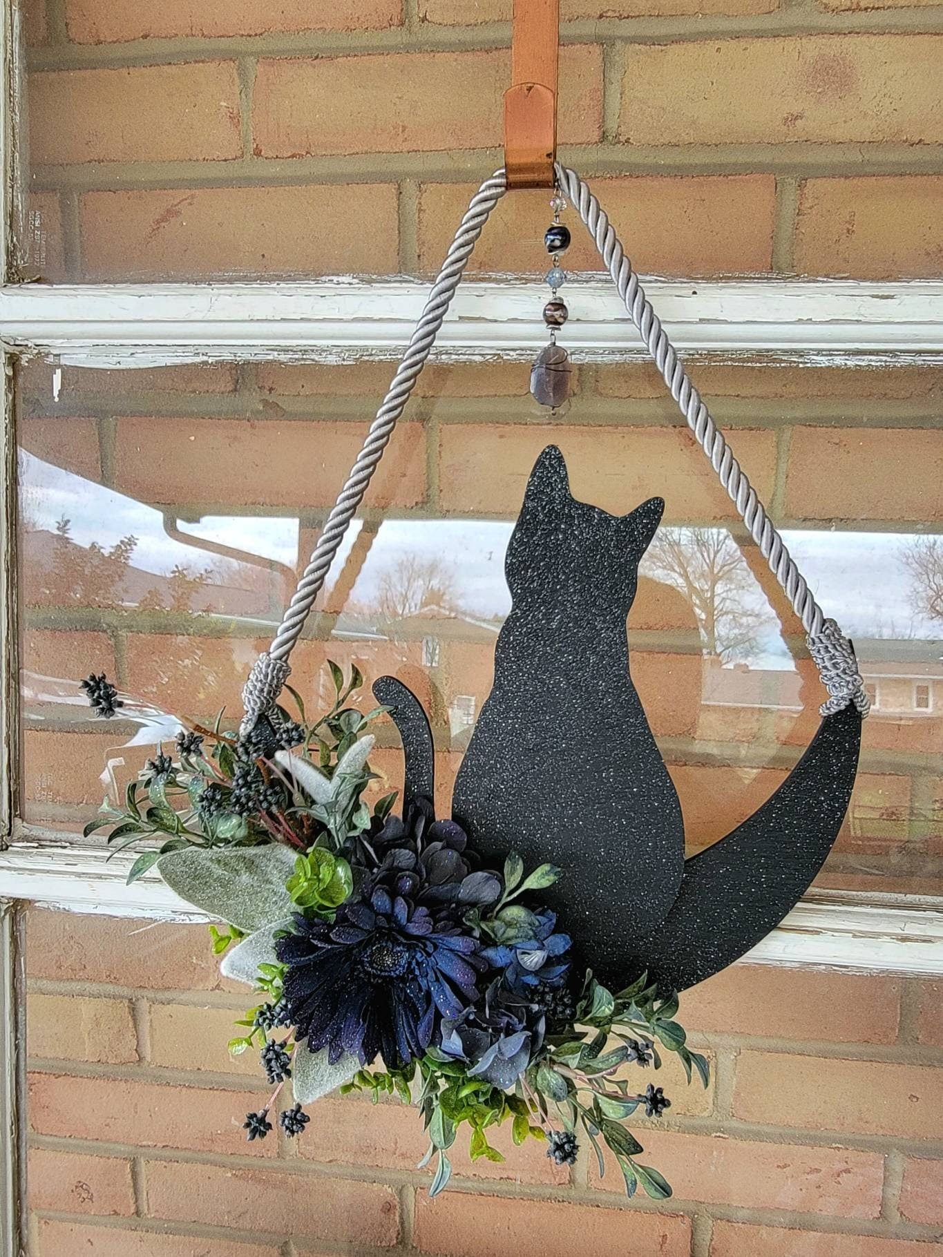 Blue Cat Crystal Waning Crescent Moon Wreath