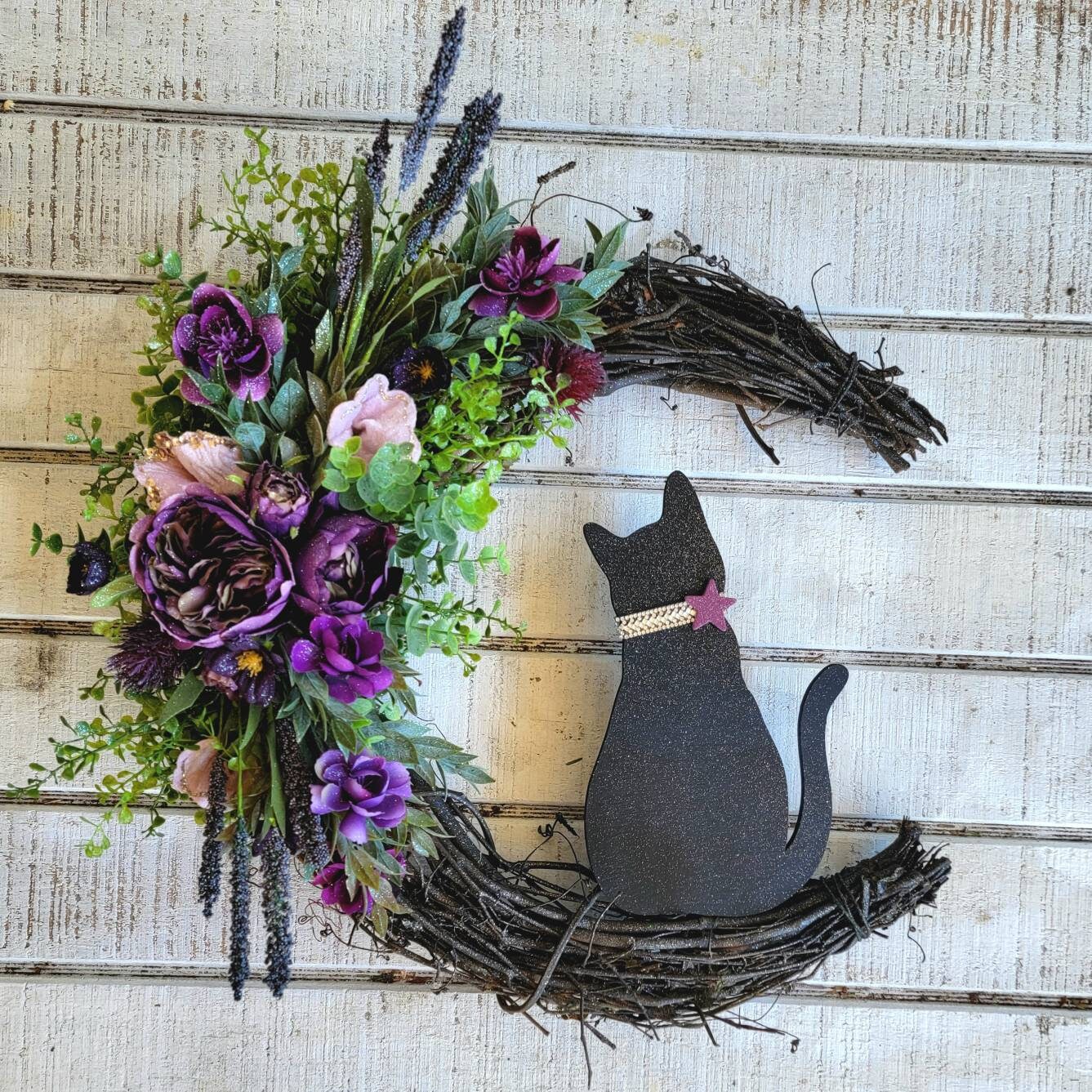 Purple & Pink Grapevine Crescent Moon Cat Wreath