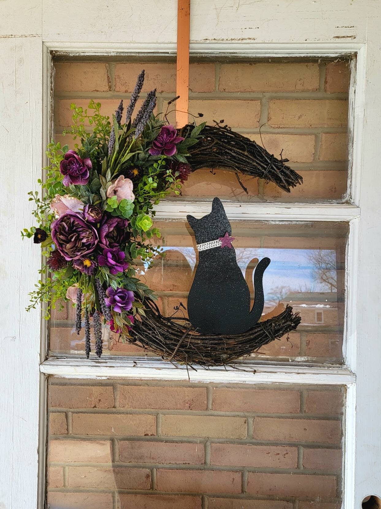 Purple & Pink Grapevine Crescent Moon Cat Wreath