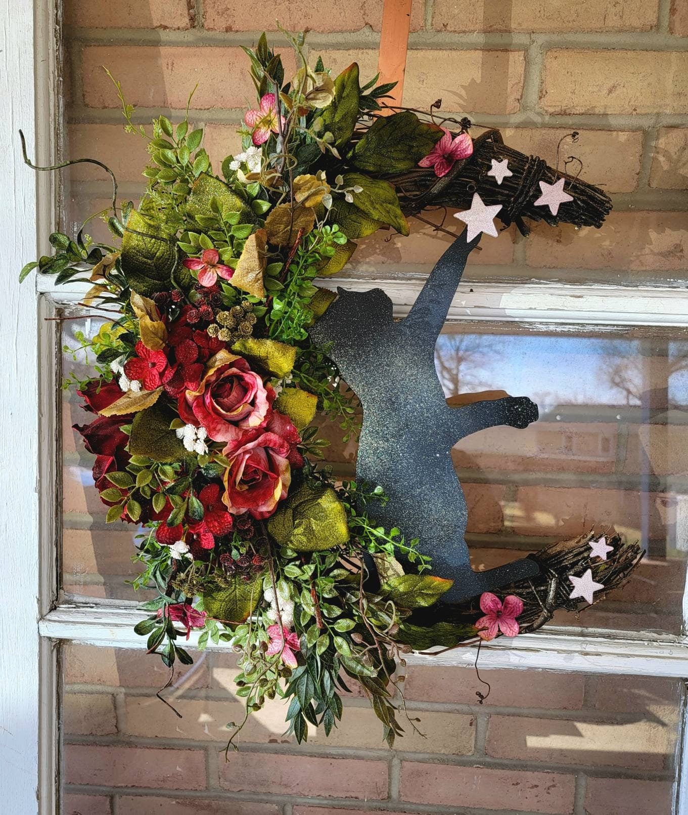 Burgundy Flowers Fall Crescent Moon Cat Wreath