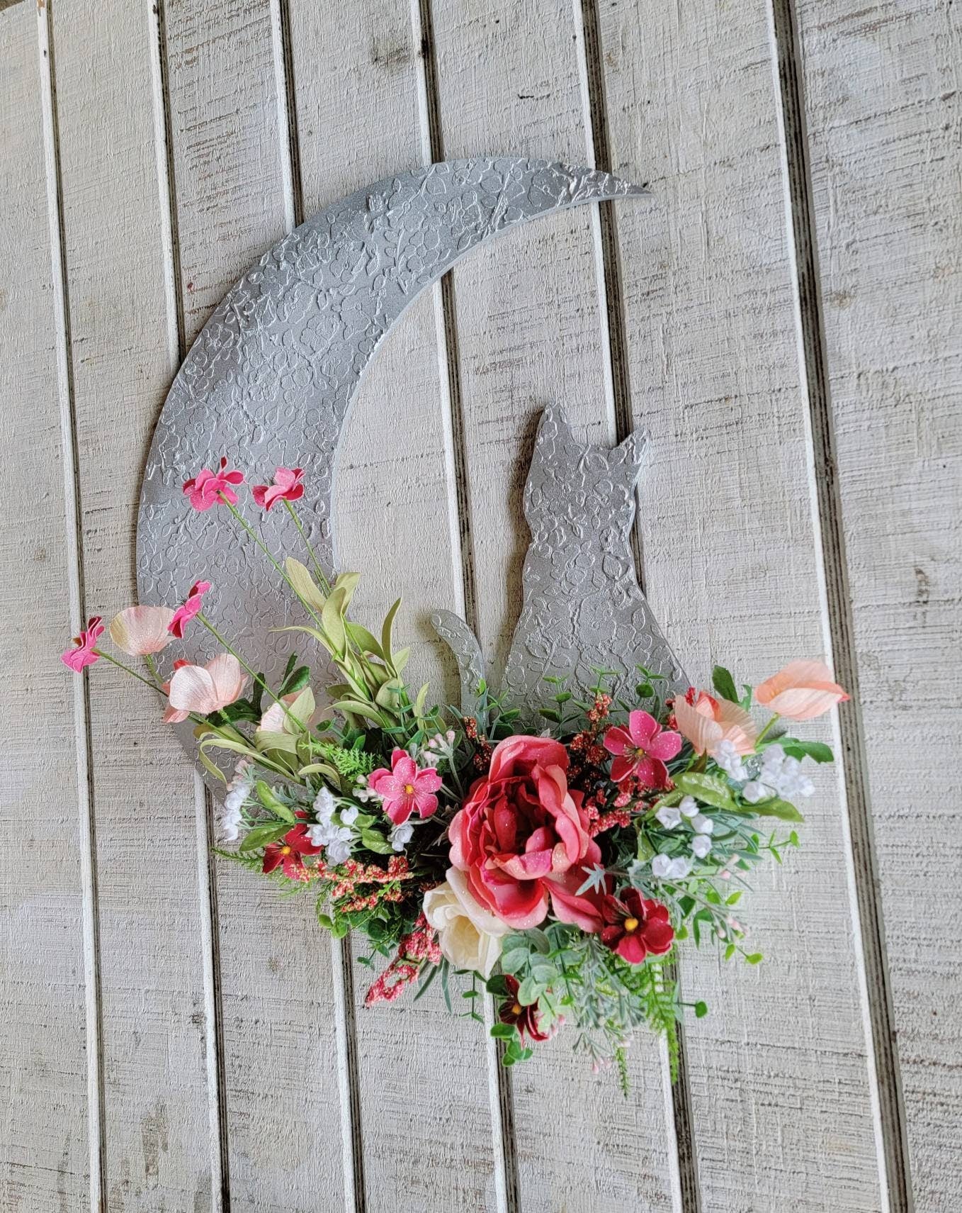 Pink Flower White Cat Moon Wreath