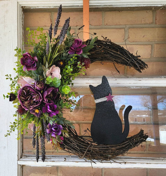 Purple & Pink Grapevine Crescent Moon Cat Wreath