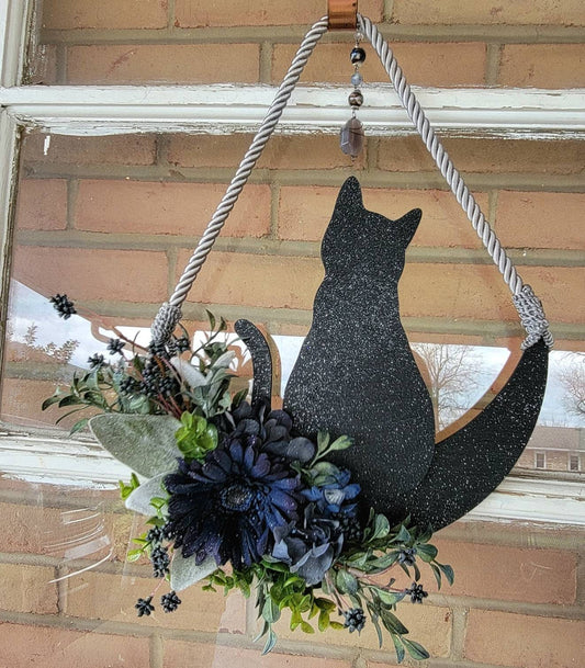 Blue Cat Crystal Waning Crescent Moon Wreath