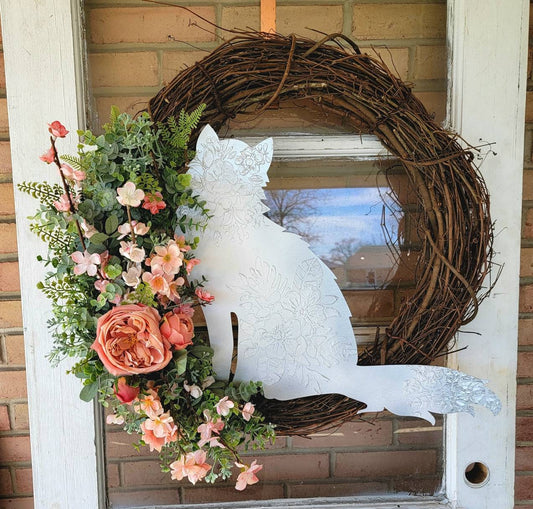 Extra Large Pink & Creamsicle Grapevine Cat Wreath